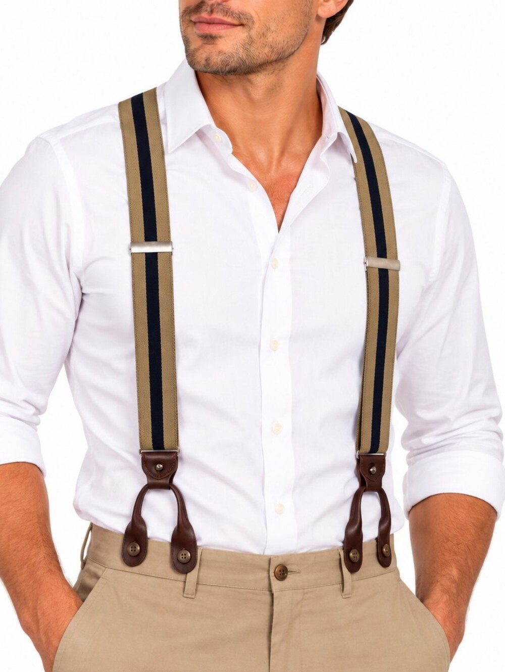 Tommy Hilfiger Men’s Suspenders Tan Navy Stripe Leather Button Y Back Braces